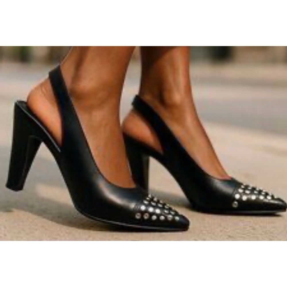 MICHAEL KORS “GEMMA” BLACK LEATHER STUDDED POINTED TOE SLINGBACK HEEL SIZE 8M